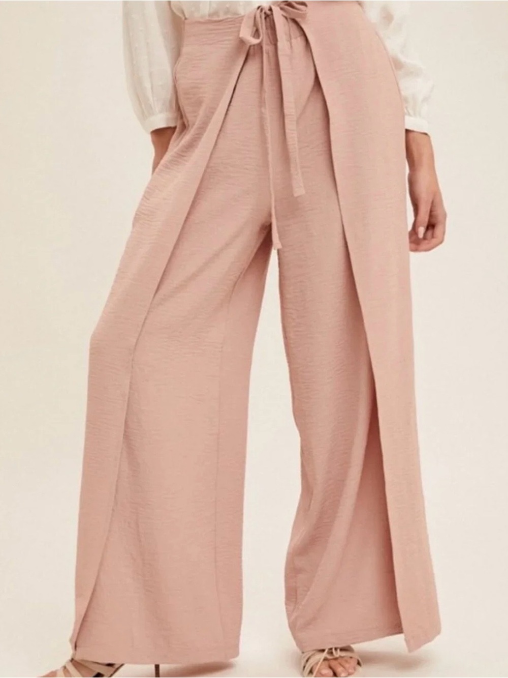 NWT Boutique Brand Layered Pants in Blush Pink with Wide-Leg and Tie Waist